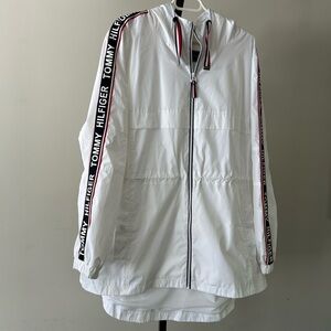 Tommy Hilfiger White Hooded Jacket with Logo Accents, Size XXLarge.